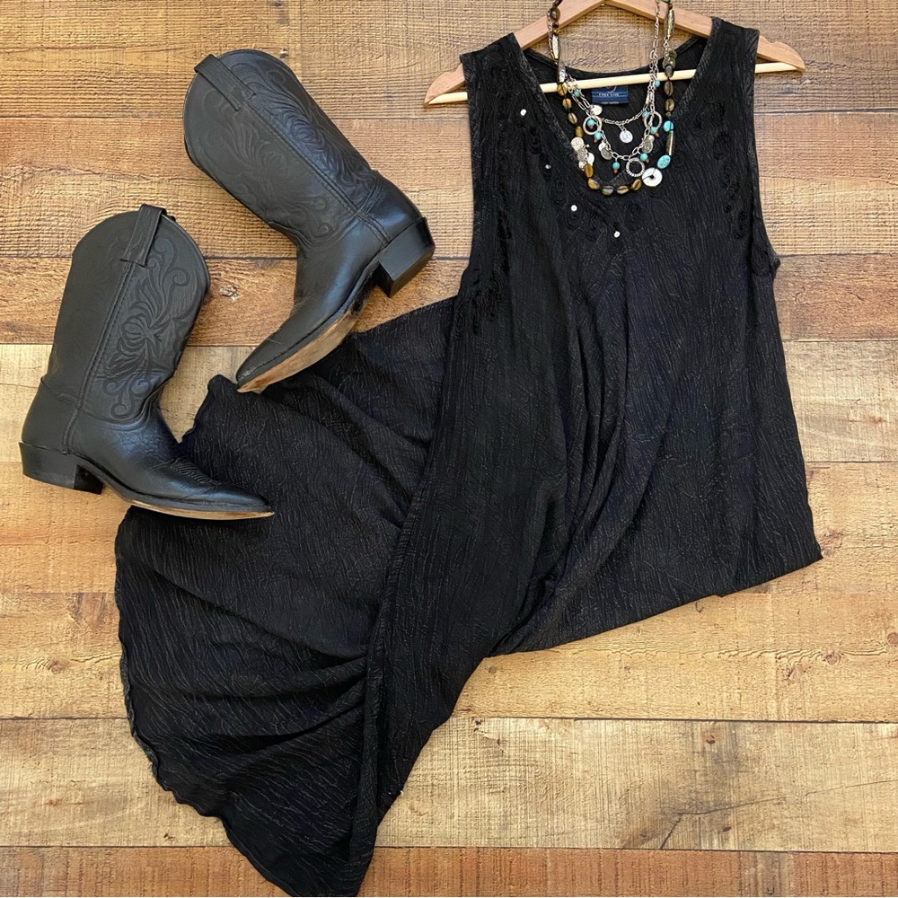 Lightweight Tank Style Midi Dress, Embroidery, Sequin Accents